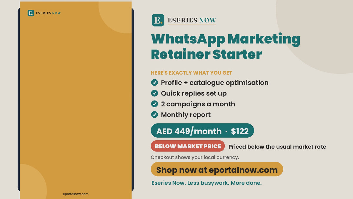 WhatsApp Marketing Retainer Starter demo video: what you get and price | Eseries Now