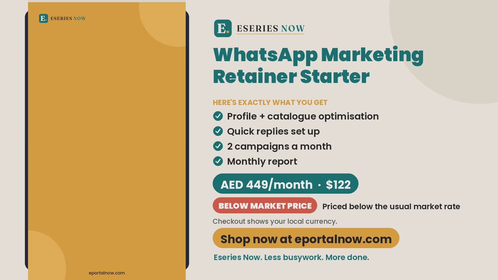 WhatsApp Marketing Retainer Starter demo video: what you get and price | Eseries Now