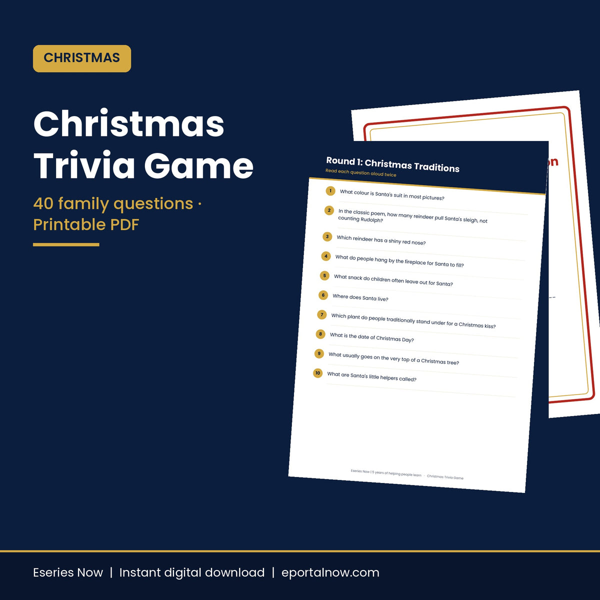 Christmas Trivia Game for Families Printable – cover image, Eseries Now