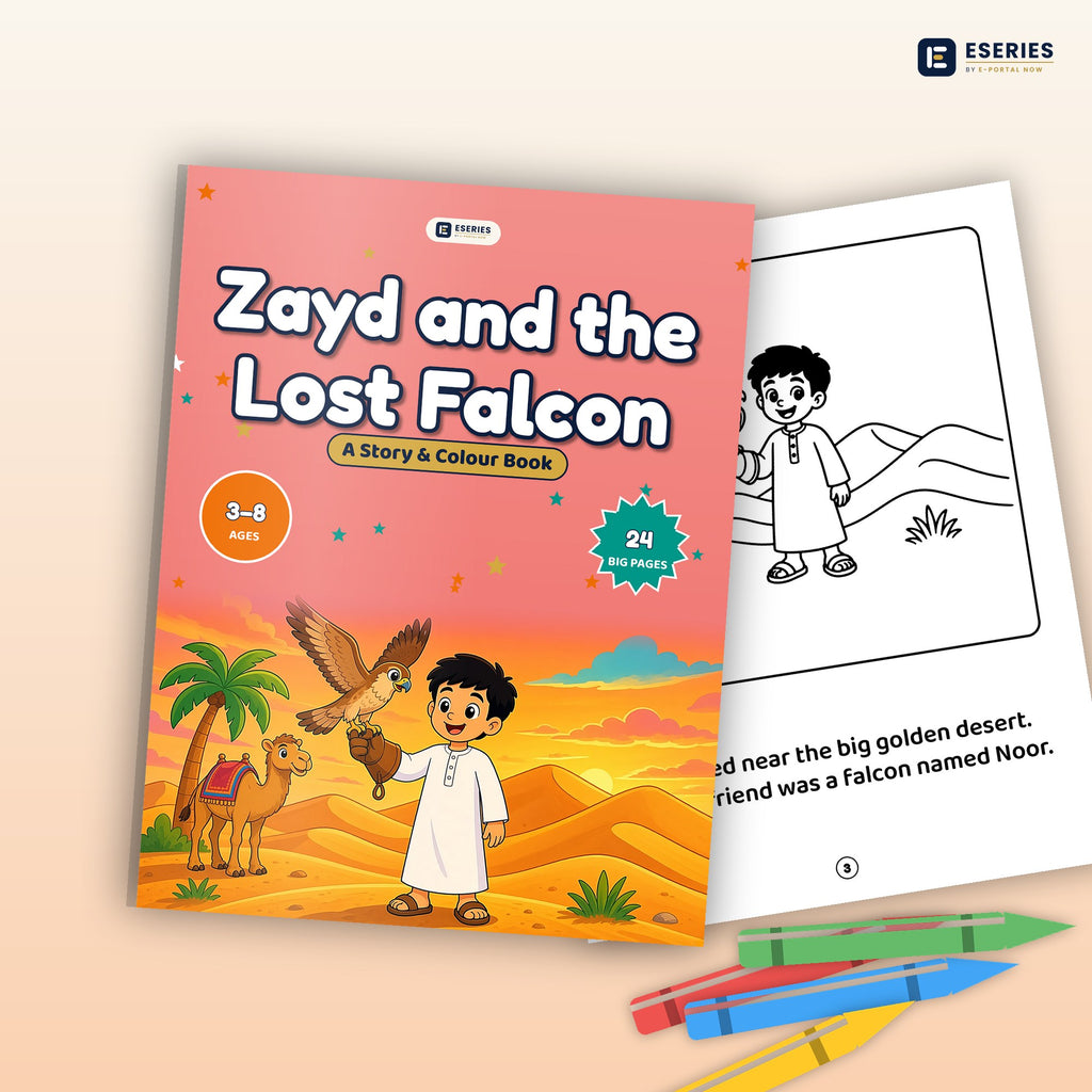 Zayd and the Lost Falcon: book mockup with crayons